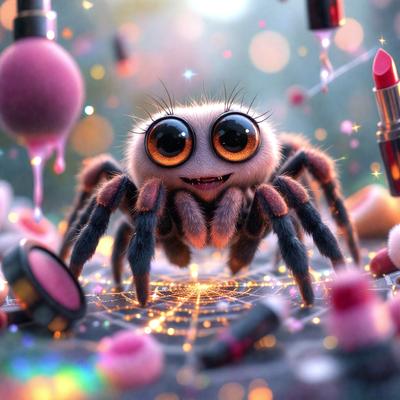 The primary subject of the image is a cute, smiling spider with big eyes. The setting is a colorful and vibrant environment, possibly a painting or digital artwork. The visual style is a mix of photo and digital art, creating a unique and eye-catching scene. The colors and mood are lively and cheerful, with the spider being the main focus of the image.